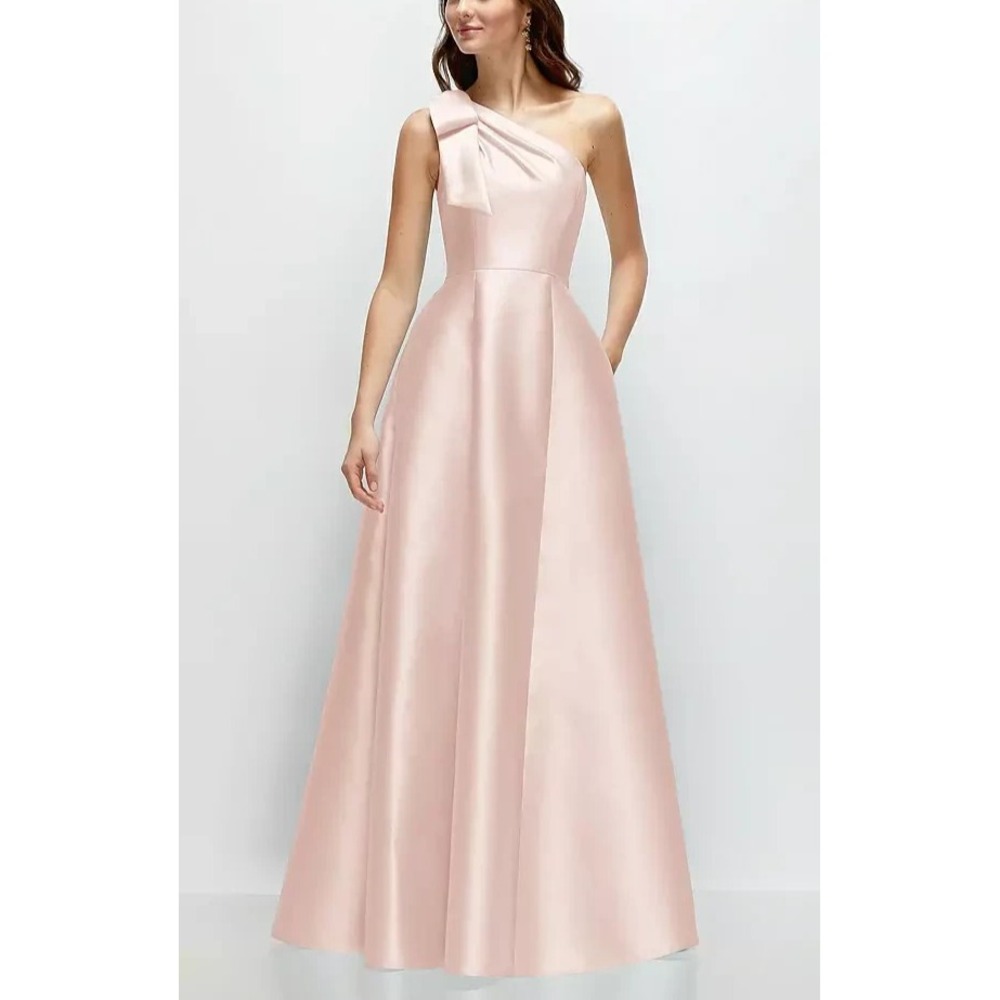 Alfred Sung Dress Womens 10 Pink One Shoulder Bow Satin Fit & Flare Maxi Formal